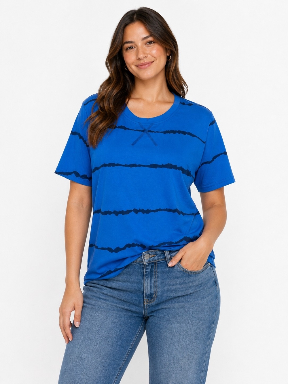 SHEIN Royal Blue Short Sleeve Tee with Black Tie-Dye Stripes